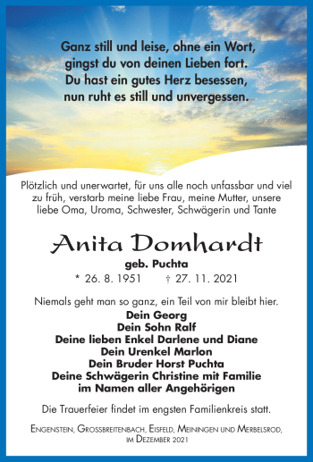 Traueranzeige von Anita Domhardt von Südthüringer Presse