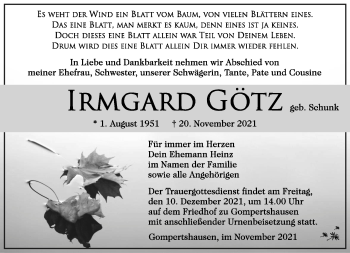 Traueranzeige von Irmgard Götz von Südthüringer Presse