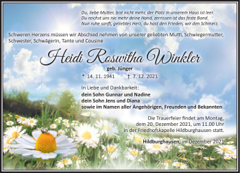 Traueranzeige von Heidi Winkler von Südthüringer Presse
