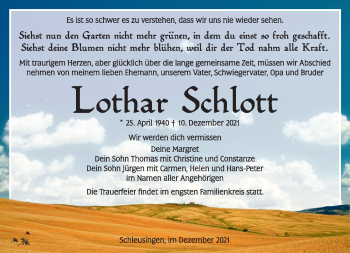 Traueranzeige von Lothar Schlott von Südthüringer Presse