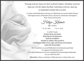 Traueranzeige von Helga Krämer von Südthüringer Presse