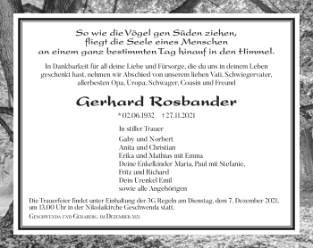 Traueranzeige von Gerhard Rosbander von Südthüringer Presse