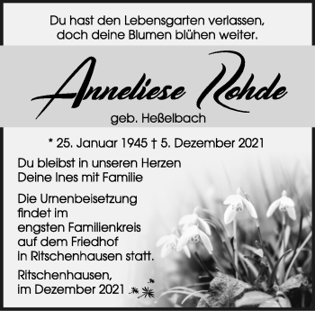 Traueranzeige von Anneliese Rohde von Südthüringer Presse