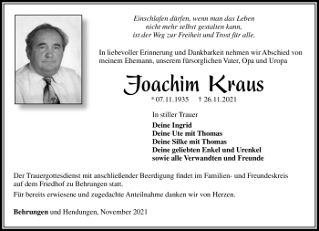 Traueranzeige von Joachim Kraus von Südthüringer Presse