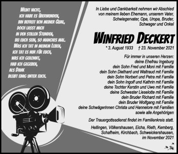 Traueranzeige von Winfried Deckert von Südthüringer Presse