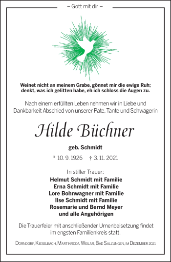 Traueranzeige von Hilde Büchner von Südthüringer Presse