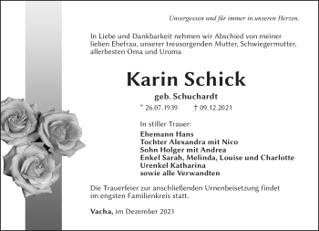 Traueranzeige von Karin Schick von Südthüringer Presse