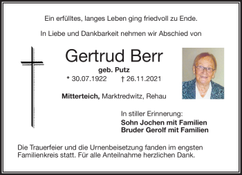 Traueranzeige von Gertrud Berr von Frankenpost