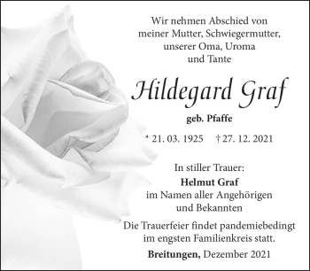 Traueranzeige von Hildegard Graf von Südthüringer Presse