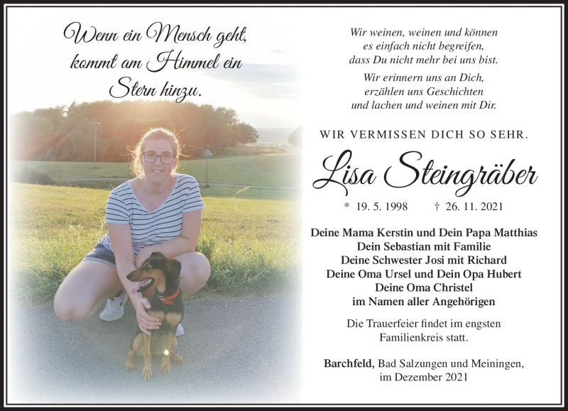  Traueranzeige für Lisa Steingräber vom 11.12.2021 aus Südthüringer Presse