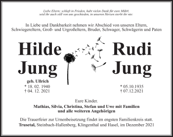 Traueranzeige von HildeRudi JungJung von Südthüringer Presse