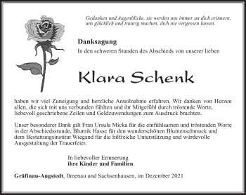 Traueranzeige von Klara Schenk von Südthüringer Presse