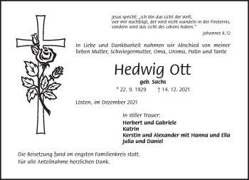 Traueranzeige von Hedwig Ott von Frankenpost