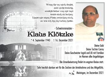 Traueranzeige von Klaus Klötzke von Südthüringer Presse