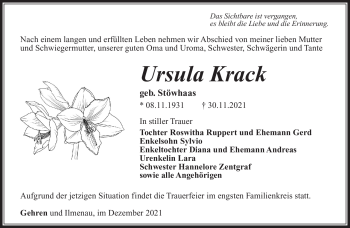 Traueranzeige von Ursula Krack von Südthüringer Presse