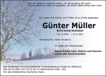 Traueranzeige von Günter Müller von Frankenpost