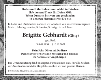 Traueranzeige von Brigitte Gebhardt von Südthüringer Presse