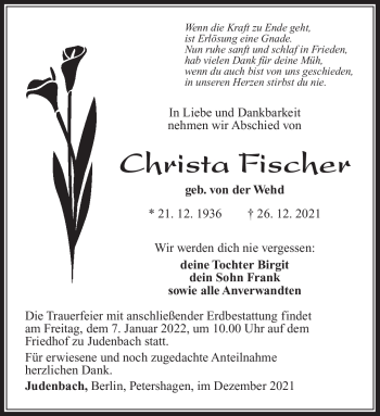 Traueranzeige von Christa Fischer von Südthüringer Presse
