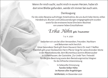 Traueranzeige von Erika Höhn von Südthüringer Presse
