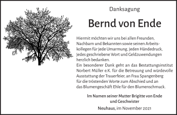 Traueranzeige von Bernd von Ende von Südthüringer Presse