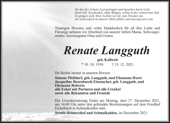 Traueranzeige von Renate Langguth von Südthüringer Presse