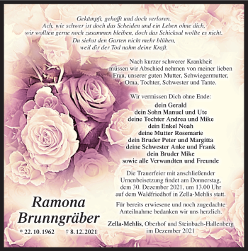 Traueranzeige von Ramona Brunngräber von Südthüringer Presse