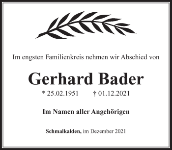 Traueranzeige von Gerhard Bader von Südthüringer Presse