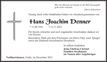 Traueranzeige von Hans Joachim Denner von Südthüringer Presse