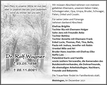 Traueranzeige von Rolf Wagner von Südthüringer Presse
