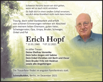 Traueranzeige von Erich Hopf von Südthüringer Presse