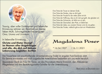 Traueranzeige von Magdalena Poser von Südthüringer Presse