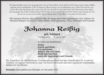 Traueranzeige von JohannaJohanna ReißigReißig von Südthüringer Presse