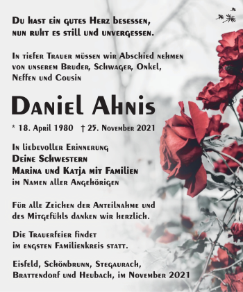 Traueranzeige von Daniel Ahnis von Südthüringer Presse