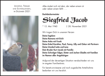 Traueranzeige von Siegfried Jacob von Südthüringer Presse
