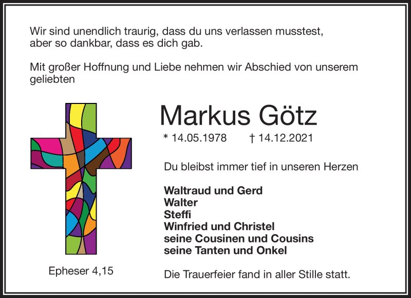 Traueranzeige für Markus Götz vom 30.12.2021 aus Frankenpost