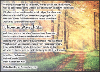 Traueranzeige von Thomas Anschütz von Südthüringer Presse