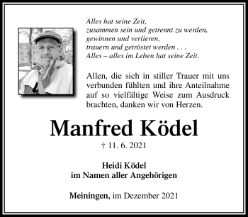 Traueranzeige von Manfred Ködel von Südthüringer Presse
