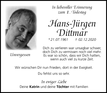 Traueranzeige von Hans-Jürgen Dittmar von Südthüringer Presse