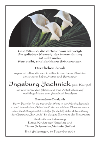 Traueranzeige von Ingeburg Jachnick von Südthüringer Presse