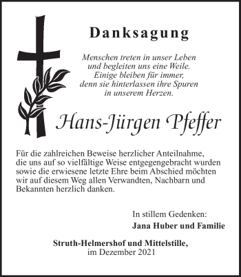 Traueranzeige von Hans-Jürgen Pfeffer von Südthüringer Presse