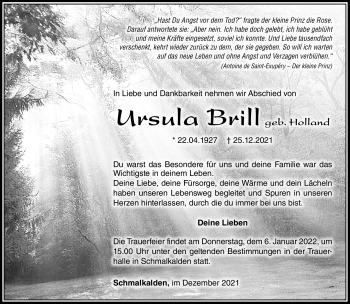 Traueranzeige von Ursula Brill von Südthüringer Presse