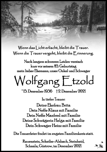 Traueranzeige von Wolfgang Etzold von Südthüringer Presse