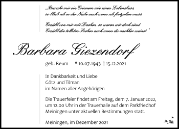 Traueranzeige von Barbara Giezendorf von Südthüringer Presse