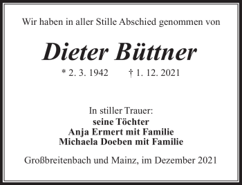 Traueranzeige von Dieter Büttner von Südthüringer Presse