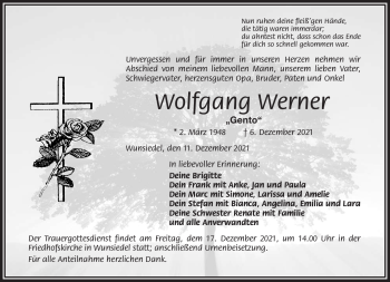 Traueranzeige von Wolfgang Werner von Frankenpost