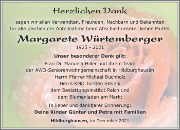 Traueranzeige von Margarete Würtemberger von Südthüringer Presse