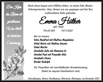 Traueranzeige von Emma Hütker von Südthüringer Presse