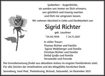Traueranzeige von Sigrid Richter von Südthüringer Presse