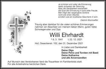 Traueranzeige von Willi Ehrhardt von Frankenpost