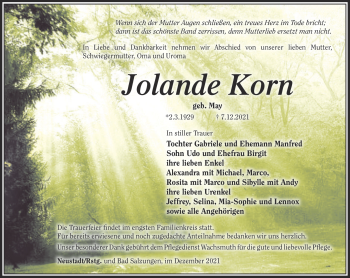 Traueranzeige von Jolande Korn von Südthüringer Presse